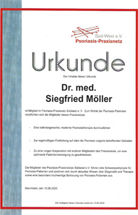 Urkunde Psoriasis Praxisnetz Dr. Siegfried Möller - Hautarztpraxis Dermatologie im Zentrum