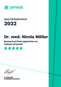 Jameda Qualitätszertifikat 2022 – Dr. med. Nicola Möller, Hautärztin Dermatologie im Zentrum Wiesbaden Focus Empfehlung Hautarzt Wiesbaden